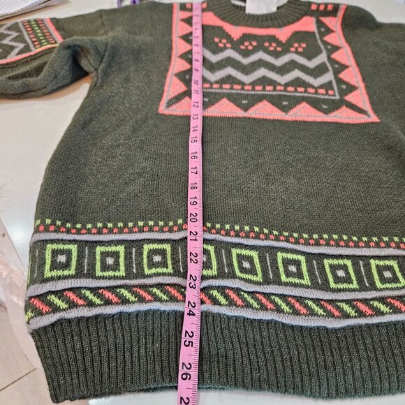 Vintage Sun Valley Green & Neon Fair Isle 80's Geometric Wool Sweater Large - Picture 10 of 10
